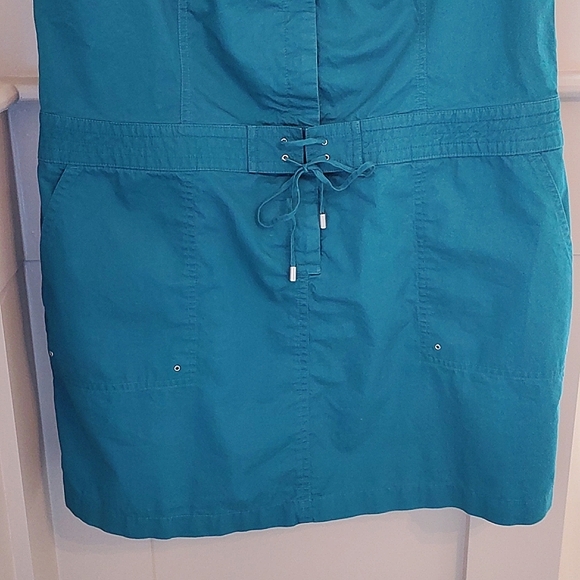 CALVIN KLEIN |  Teal Green Blue Drop Waist Sleeveless Utility Dress | 14 Petite - Picture 3 of 9